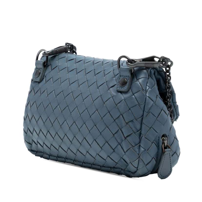 Bottega Veneta Mini Nappa Intrecciato Expandable Chain Crossbody Blue Leather Good condition - Back View