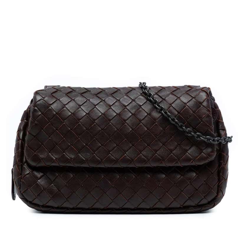 Bottega Veneta Mini Nappa Intrecciato Expandable Chain Flap Crossbody Brown Leather Good condition - Front View