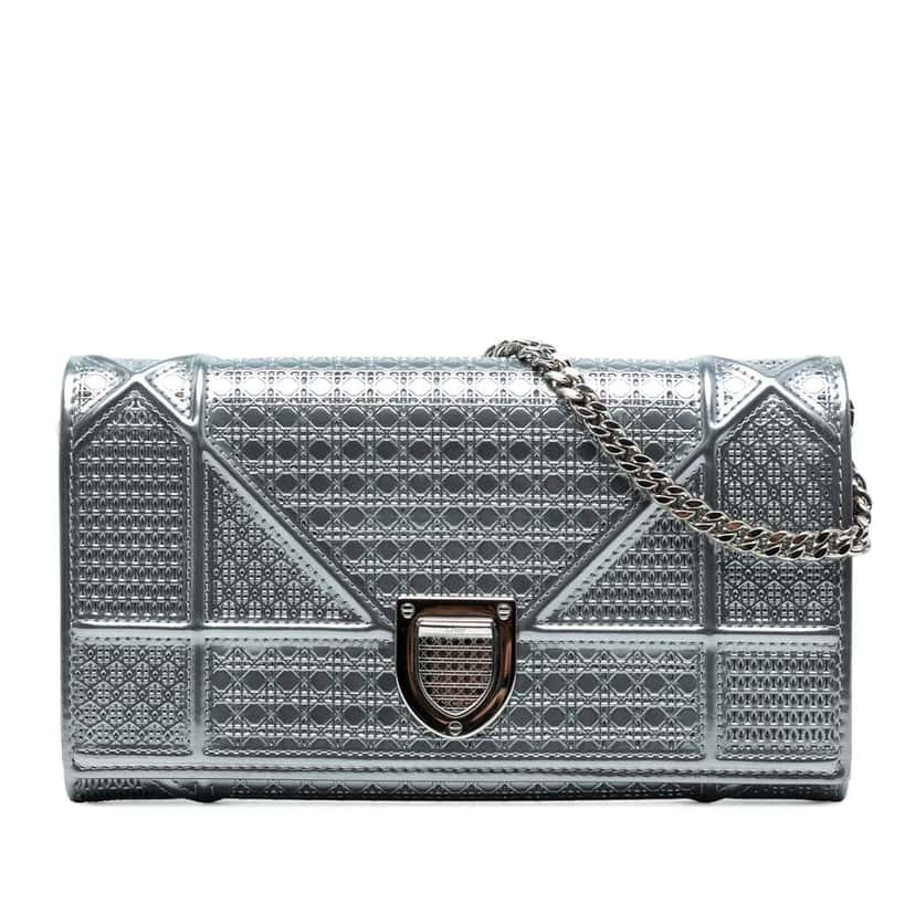 Dior Metallic Patent Microcannage Diorama Wallet on Chain Silver Leather Good condition - Front View