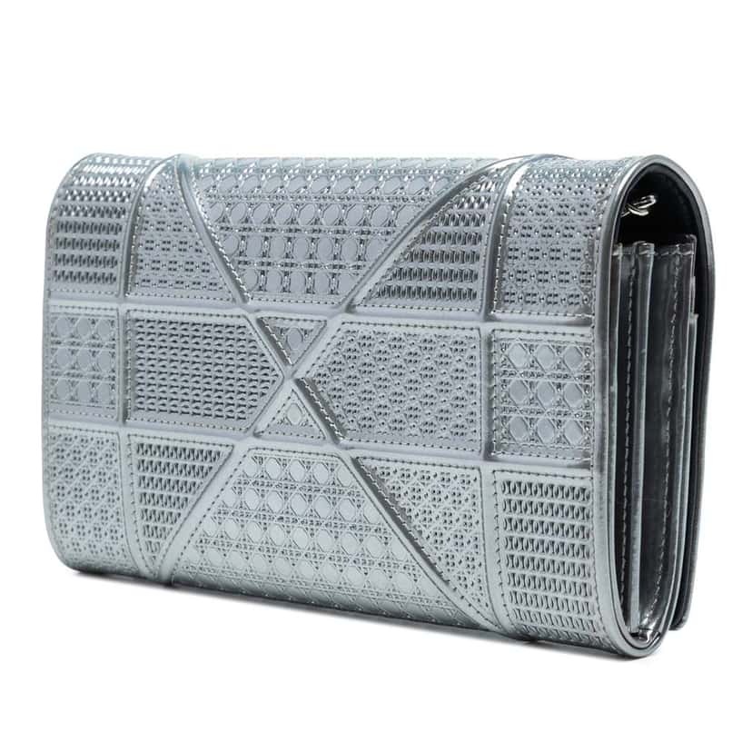 Dior Metallic Patent Microcannage Diorama Wallet on Chain Silver Leather Good condition - Back View