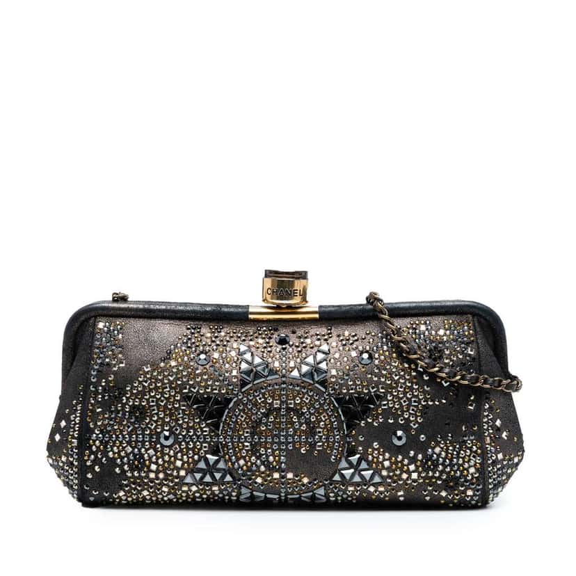 Chanel CC Glitter Lambskin Studded Frame Clutch on Chain Black Leather Good condition - Front View