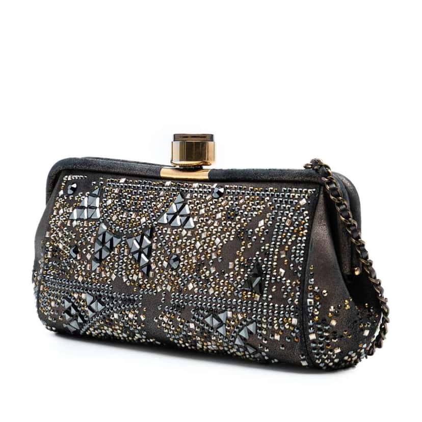 Chanel CC Glitter Lambskin Studded Frame Clutch on Chain Black Leather Good condition - Back View