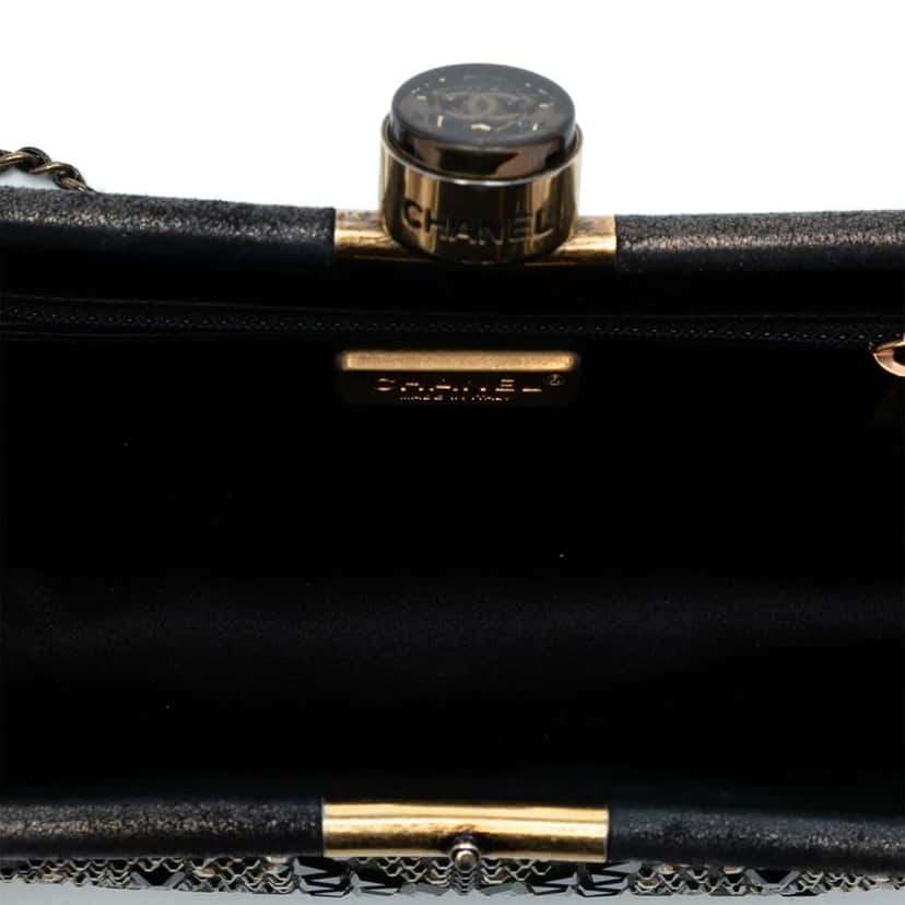 Chanel CC Glitter Lambskin Studded Frame Clutch on Chain Black Leather Good condition - Model View