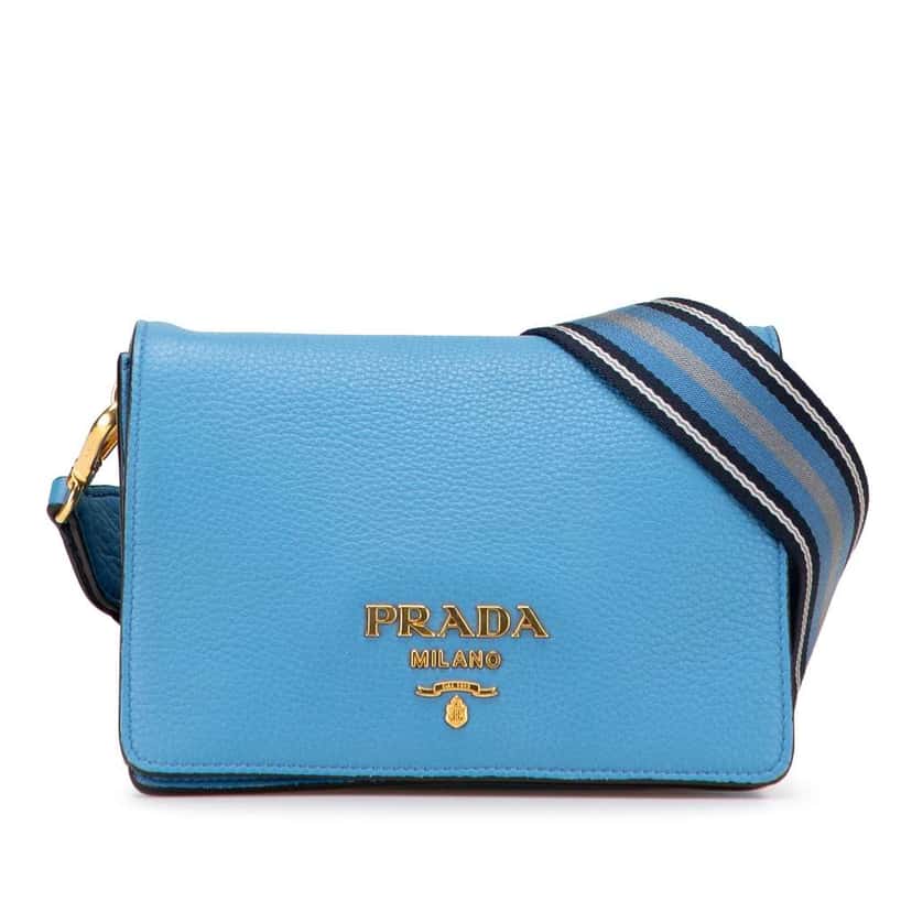 Prada Vitello Daino Flap Crossbody Blue Leather Good condition - Front View