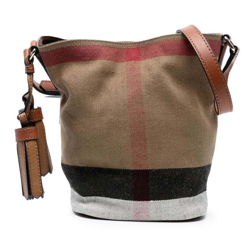 Burberry Mini Mega Check Canvas Ashby Tassel Bucket Bag Brown Canvas Good condition - Front View