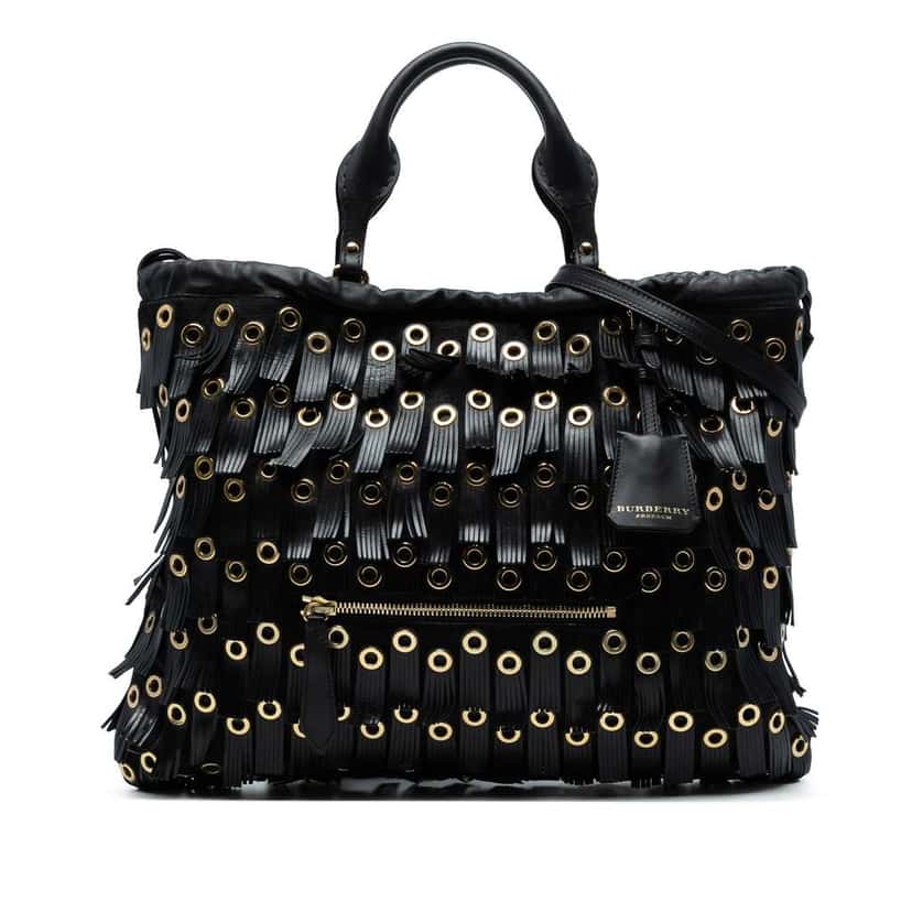 Burberry Calf Hair and Leather Grommet Fringe Big Crush Tote Black Good condition - Front View