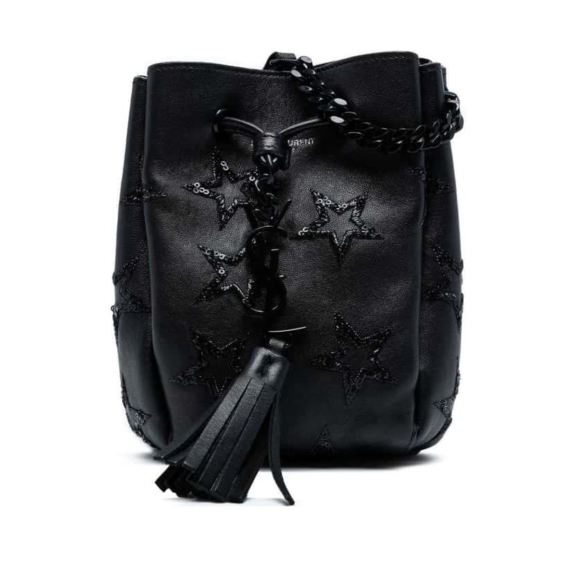 Saint Laurent Mini Leather Embroidered Star Tassel Bucket Bag Black Leather Good condition - Front View