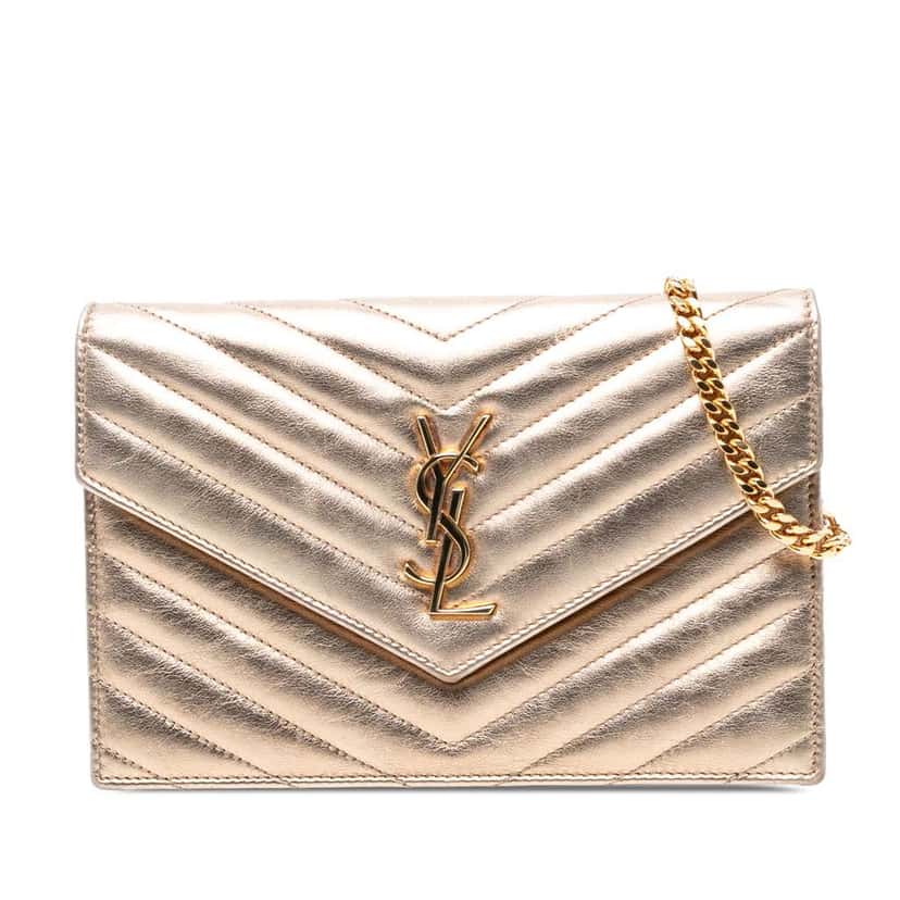 Saint Laurent Chevron Leather Monogram Envelope Chain Wallet Gold Leather Good condition - Front View