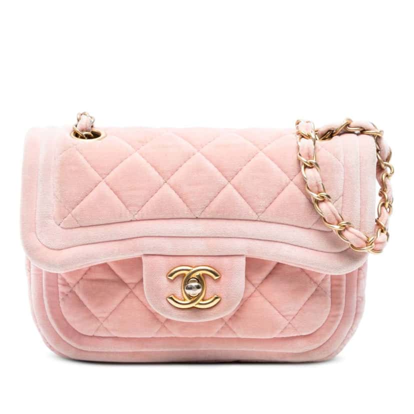 Chanel Mini Quilted Velvet Double Frame Flap Pink Velvet Good condition - Front View