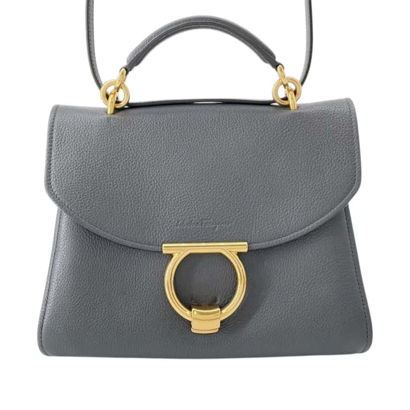 Salvatore Ferragamo Calfskin Gancini Margot Top Handle Bag Grey Leather Good condition - Front View
