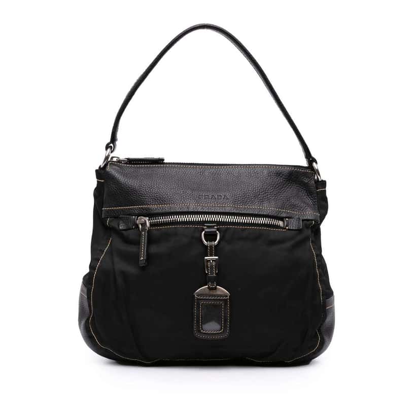 Prada Leather and Tessuto Shoulder Bag Black Leather Very good condition - Front View