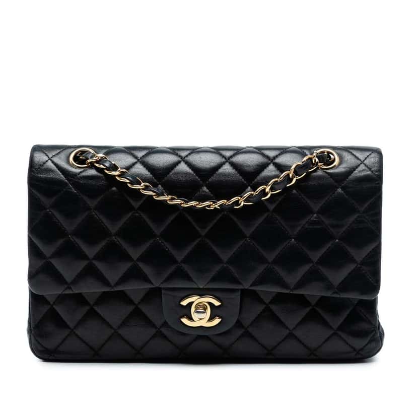 Chanel Medium Classic Lambskin Double Flap Black Leather Good condition - Front View