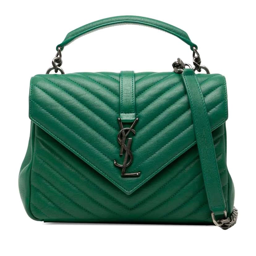 Saint Laurent Medium Quilted Chevron Sheepskin College Satchel Green Leather Good condition - Front View