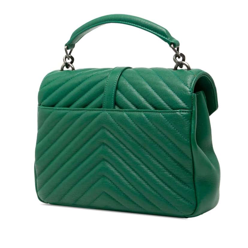 Saint Laurent Medium Quilted Chevron Sheepskin College Satchel Green Leather Good condition - Back View