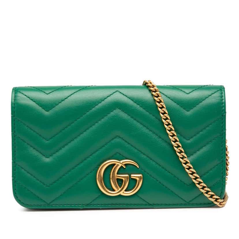 Gucci Mini GG Marmont Matelasse Leather Wallet On Chain Green Leather Good condition - Front View