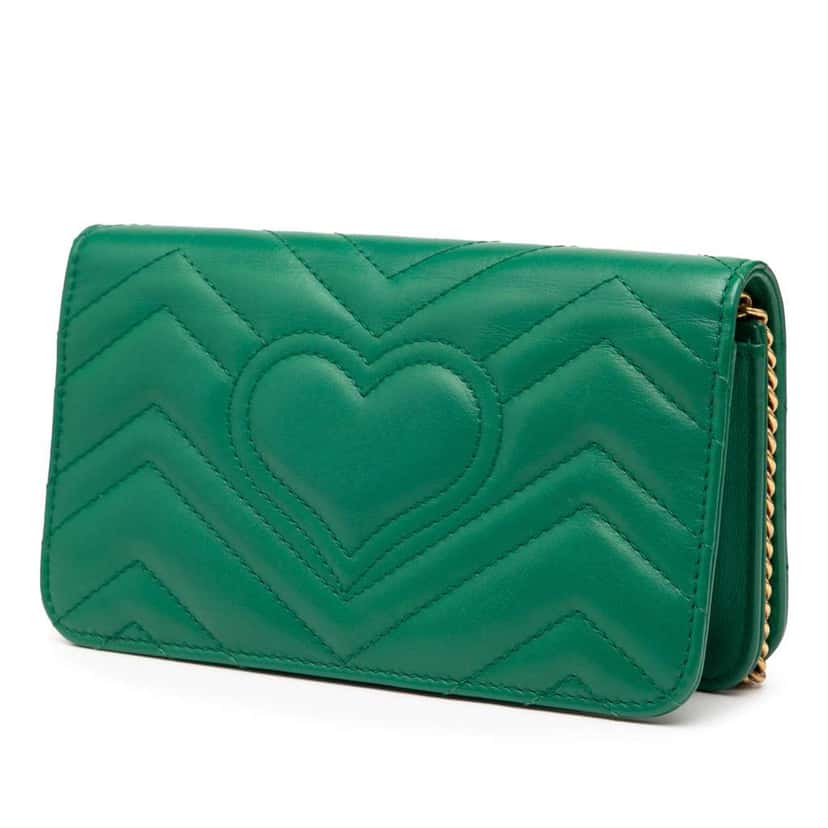 Gucci Mini GG Marmont Matelasse Leather Wallet On Chain Green Leather Good condition - Back View