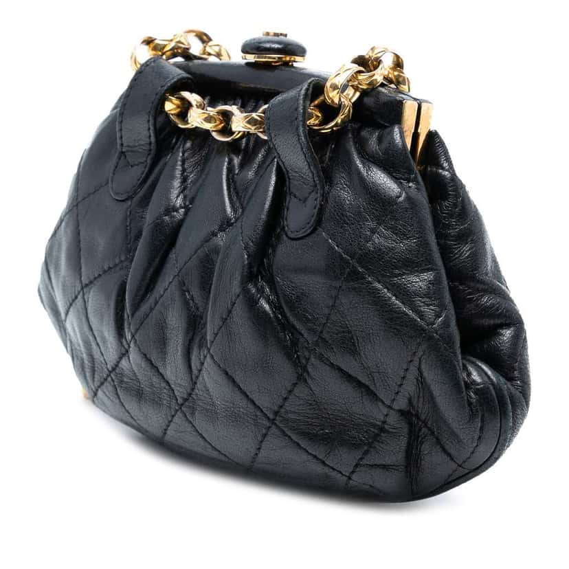 Chanel Quilted Lambskin Frame Bijoux Chain Kiss Lock Belt Bag Black Leather Good condition - Back View