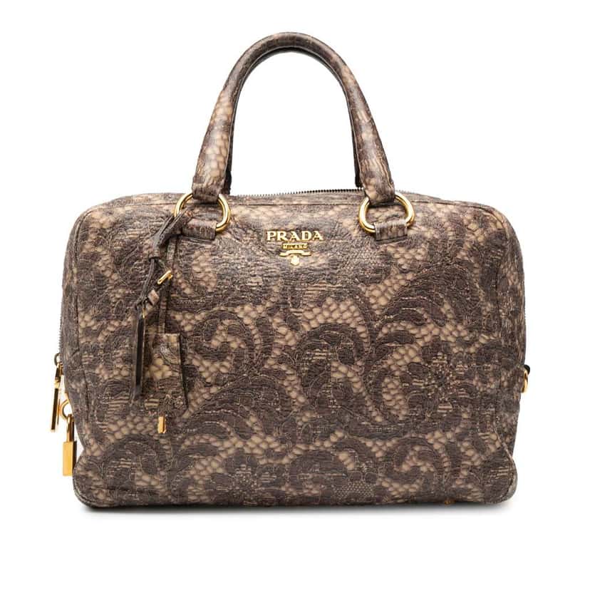 Prada Cervo Lux Lace Print Bauletto Handbag Brown Leather Good condition - Front View