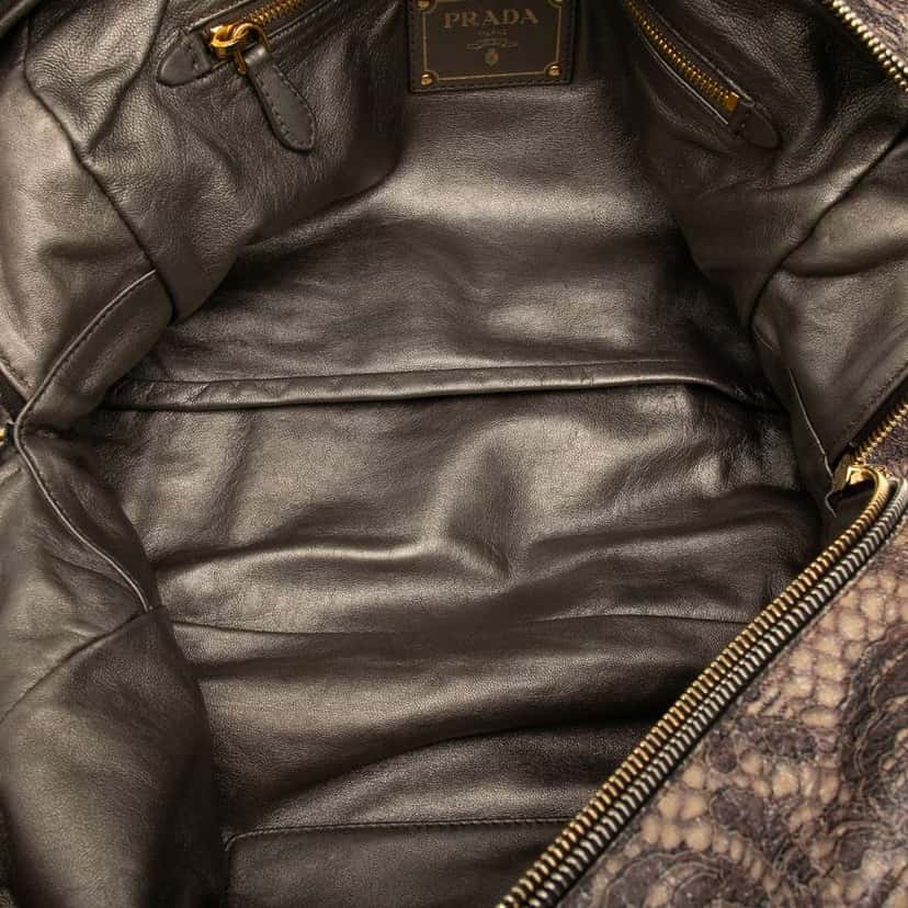 Prada Cervo Lux Lace Print Bauletto Handbag Brown Leather Good condition - Model View