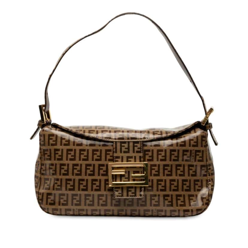 Fendi Zucchino Crystal Double Flap Shoulder Bag Brown Canvas Good condition - Front View