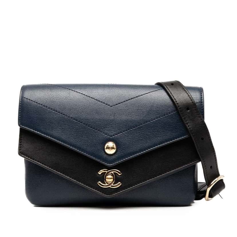 Chanel Chevron Calfskin Double Envelope Flap Blue Leather Good condition - Front View