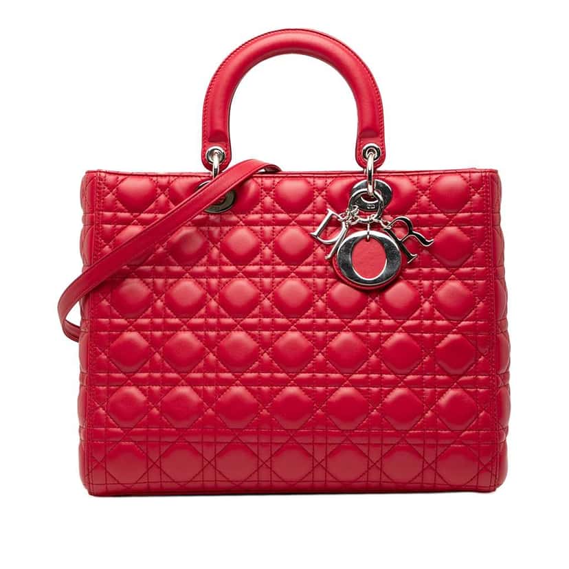 Dior Large Lambskin Cannage Lady Dior Red Leather Very good condition - Front View