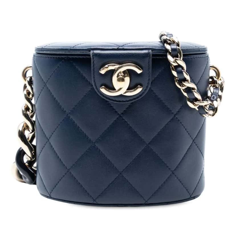 Chanel Small Quilted Lambskin Resin Elegant Chain Tubular Vanity Case Blue Leather Good condition - Front View