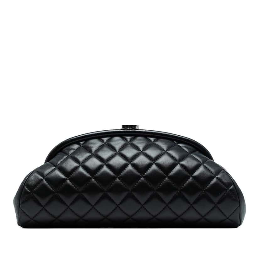 Chanel Quilted Lambskin Frame Clutch Black Leather Good condition - Front View