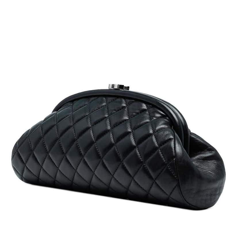 Chanel Quilted Lambskin Frame Clutch Black Leather Good condition - Back View