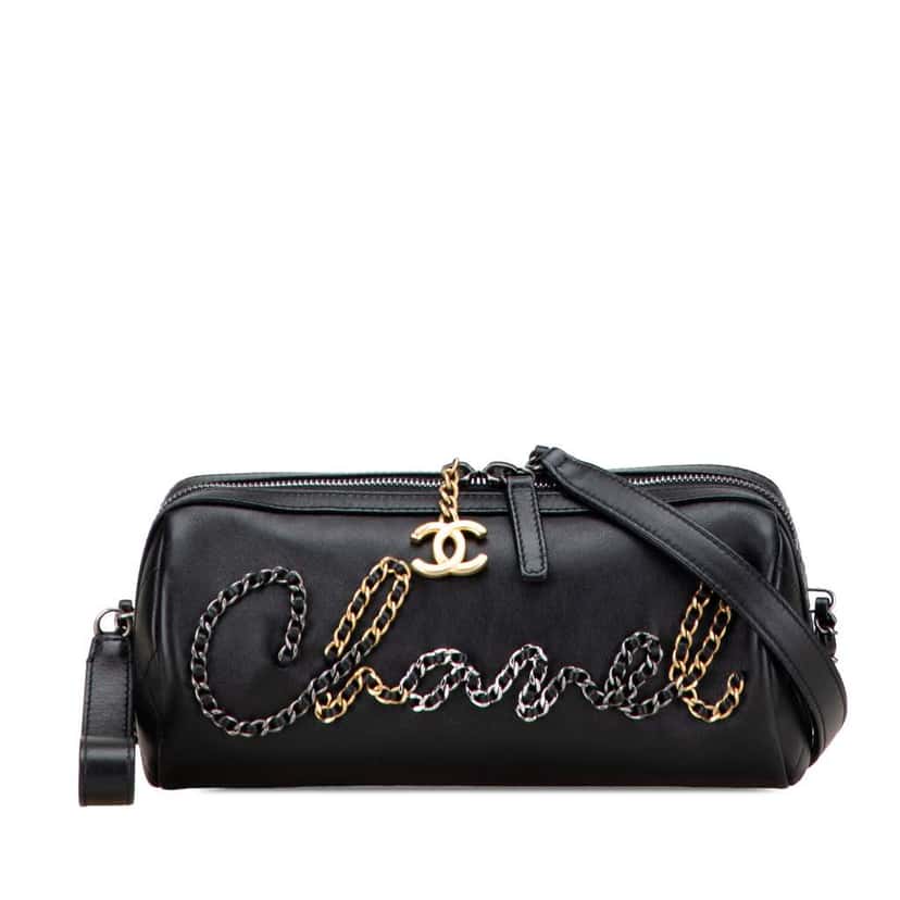 Chanel Calfskin Signature Chain Signe Bowling Bag Black Leather Good condition - Front View