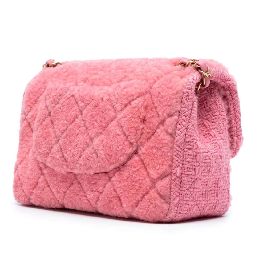 Chanel CC Quilted Shearling and Tweed Single Flap Pink Wool Very good condition - Back View