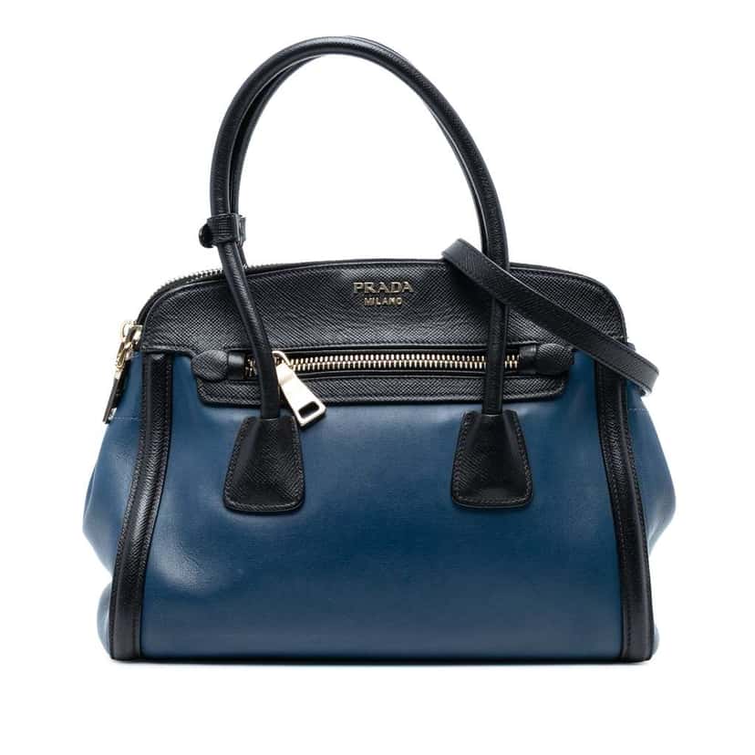 Prada Bicolor Saffiano Trimmed City Calf Double Zip Satchel Blue Leather Very good condition - Front View