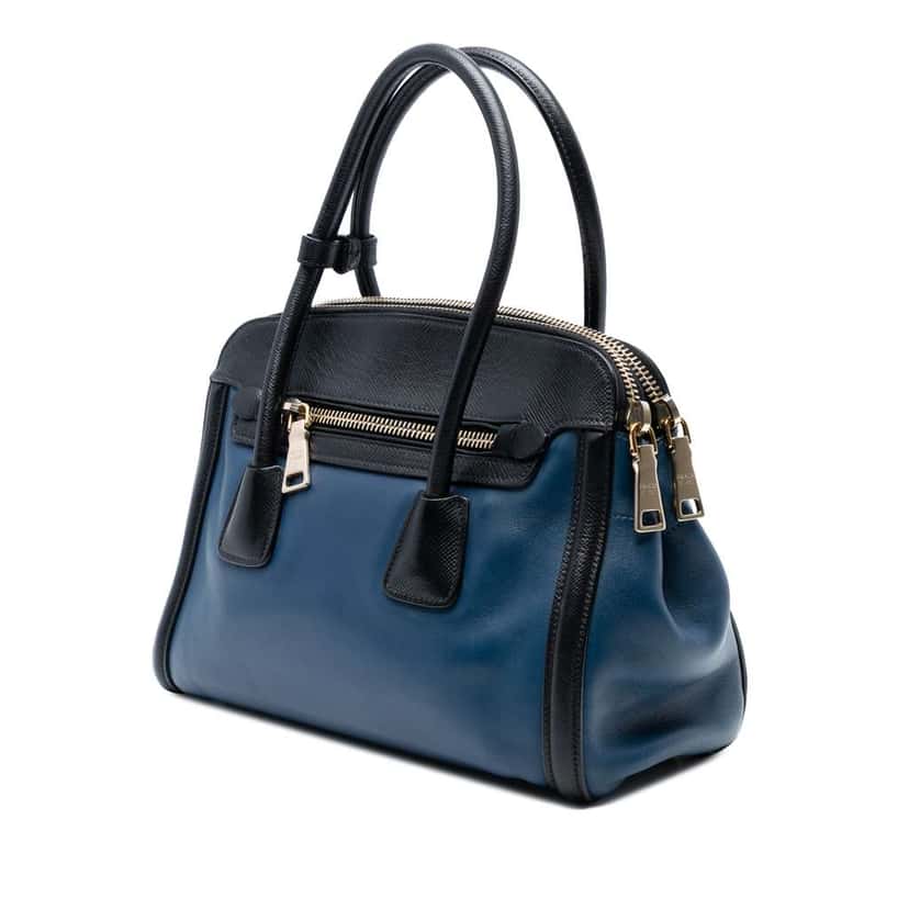 Prada Bicolor Saffiano Trimmed City Calf Double Zip Satchel Blue Leather Very good condition - Back View