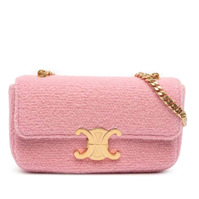 Celine Tweed Claude Chain Shoulder Bag Pink Tweed Good condition - Front View
