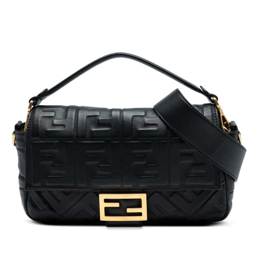 Fendi Zucca Embossed Leather Baguette Satchel Black Leather Good condition - Front View