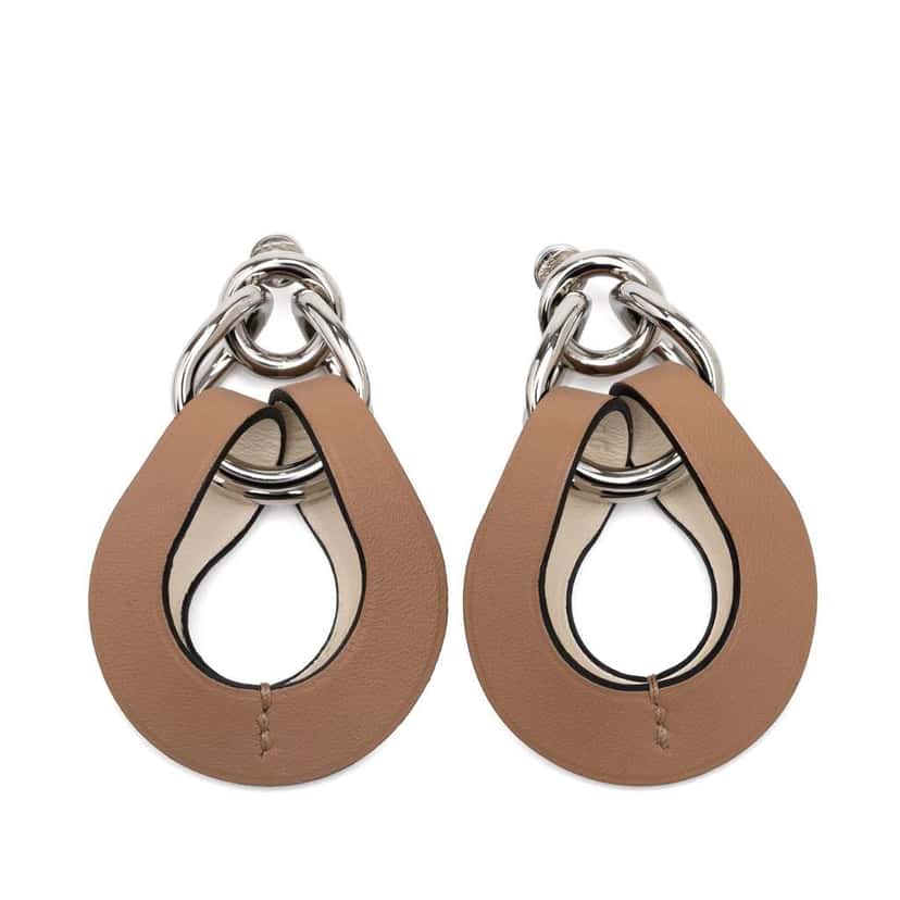 Hermès Palladium Plated and Swift Virevolte Push Back Earrings GM Brown Leather Good condition - Front View