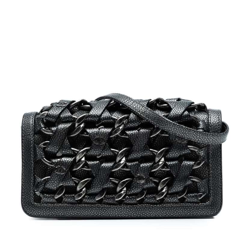 Chanel CC Metallic Caviar Interlaced Chain Clutch on Strap Black Leather Very good condition - Front View