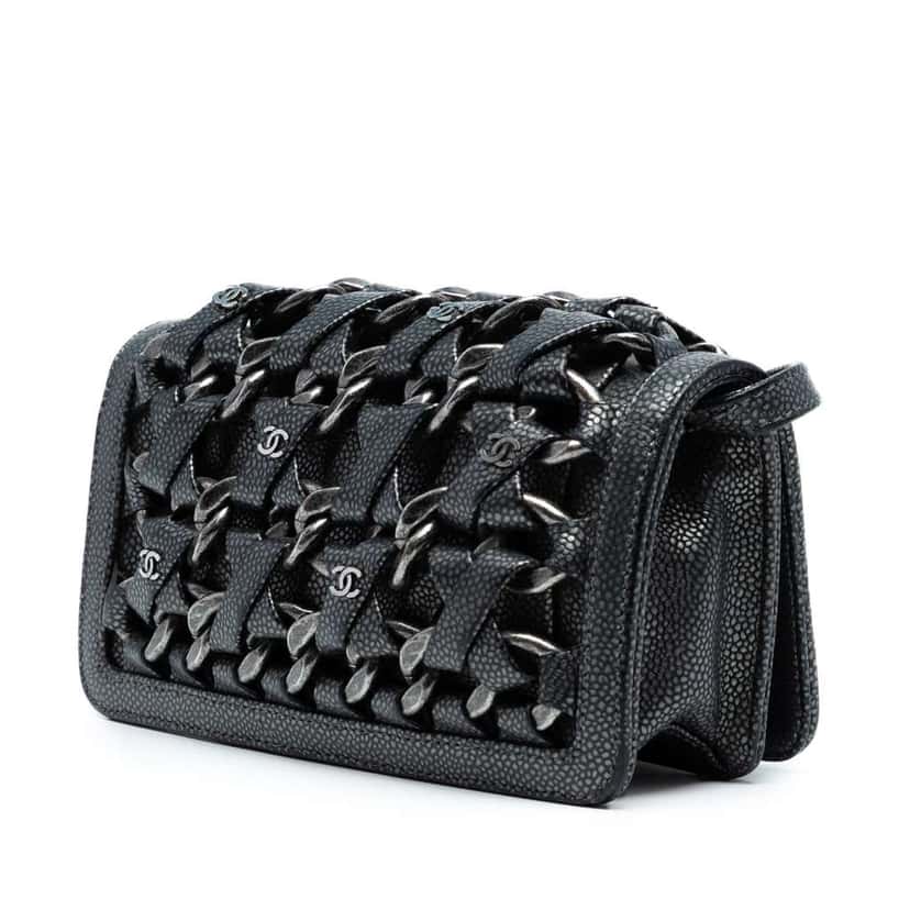 Chanel CC Metallic Caviar Interlaced Chain Clutch on Strap Black Leather Very good condition - Back View