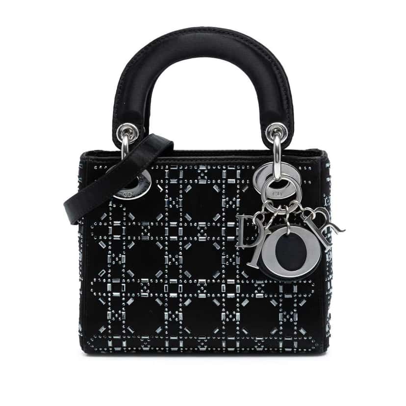 Dior Mini Satin Cannage Strass Crystal Embellished Lady Dior Black Satin Good condition - Front View