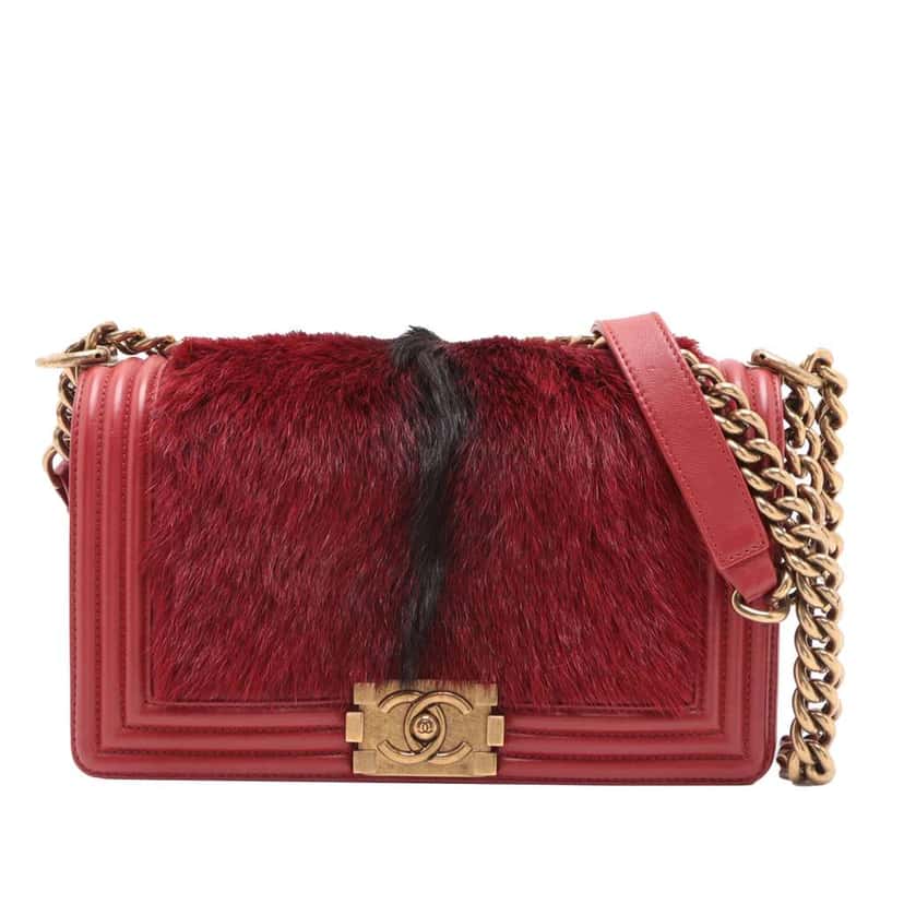 Chanel Old Medium Lambskin and Fur Boy Flap Red Good condition - Front View