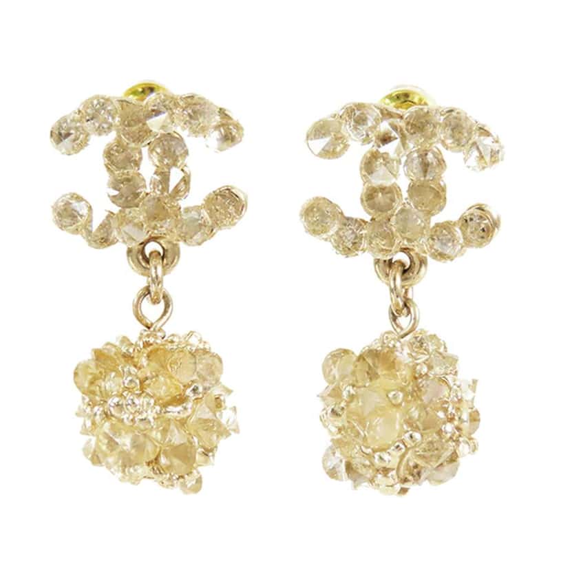 Chanel CC Gold Plated Rhinestone Embellished Drop Bullet Back Earrings Gold Metal Good condition - Front View
