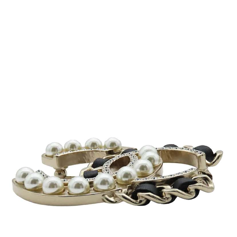 Chanel CC Gold Plated Faux Pearl and Rhinestones Brooch Gold Metal Good condition - Inside View