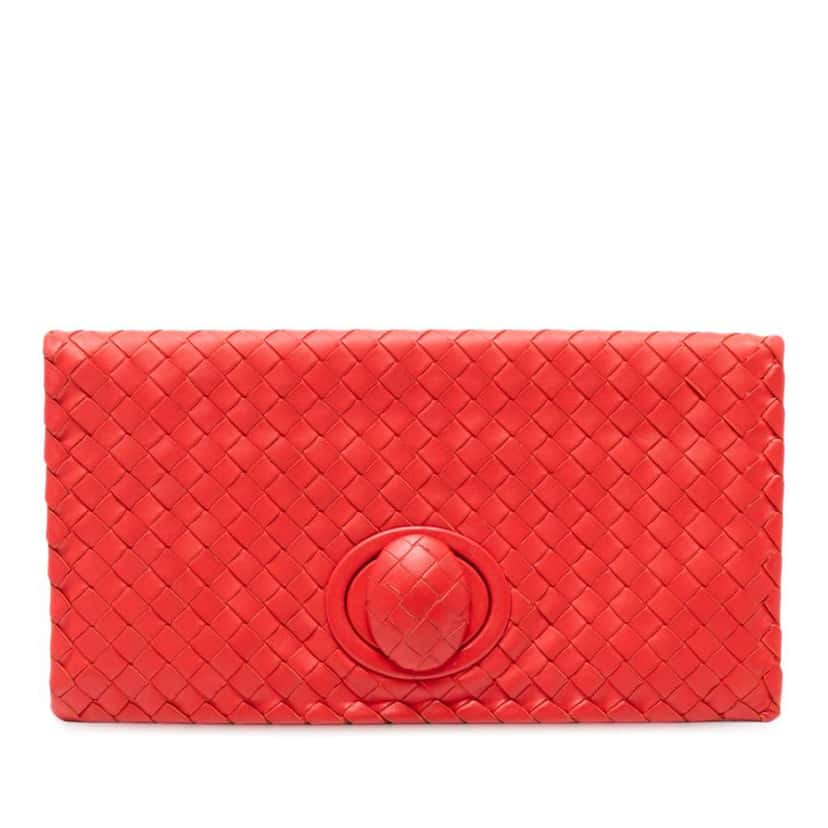 Bottega Veneta Nappa Intrecciato Turn Lock Clutch Red Leather Good condition - Front View