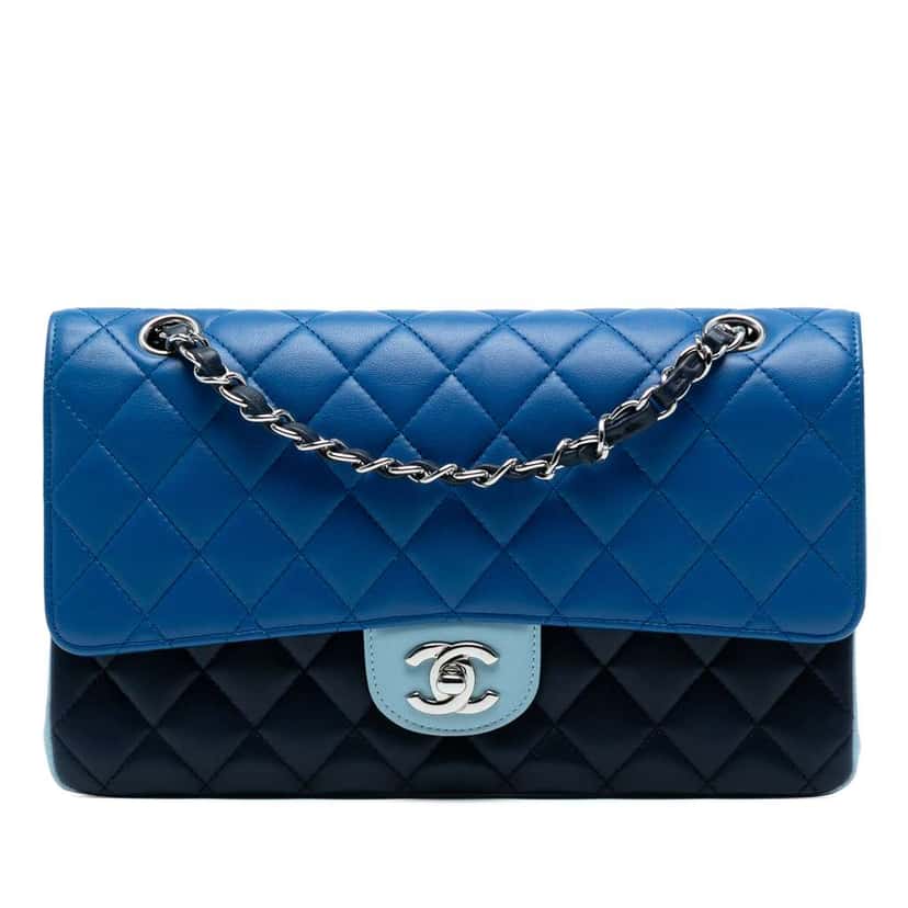 Chanel Medium Classic Tricolor Lambskin Double Flap Blue Leather Good condition - Front View