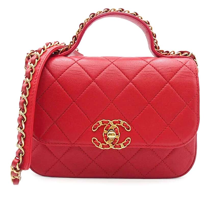 Chanel Quilted Lambskin Chain Infinity Top Handle Bag Red Leather Good condition - Front View