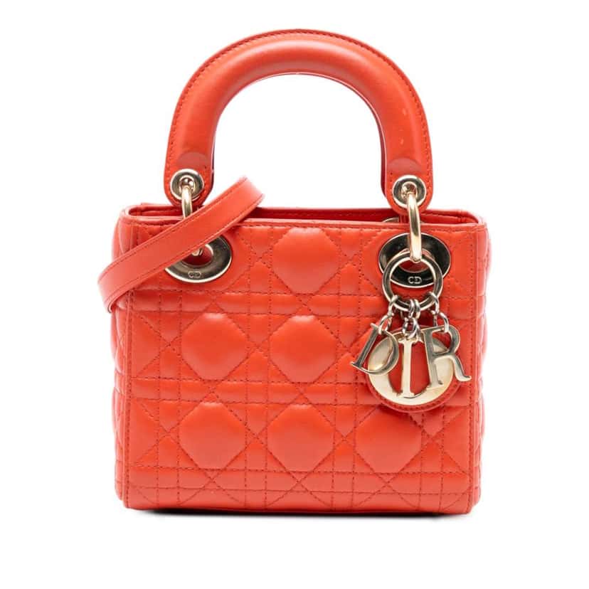 Dior Mini Lambskin Cannage Lady Dior Orange Leather Good condition - Front View