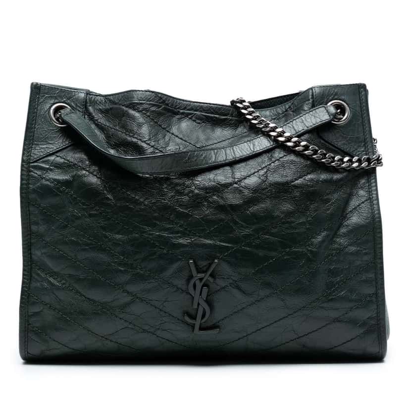 Saint Laurent Medium Crinkled Calfskin Monogram Niki Shopper Tote Green Leather Good condition - Front View