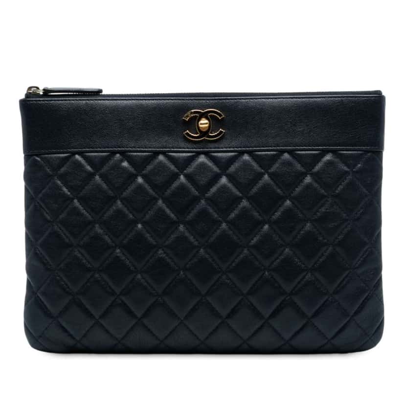 Chanel Medium Quilted Sheepskin Mademoiselle O Case Clutch Blue Leather Good condition - Front View