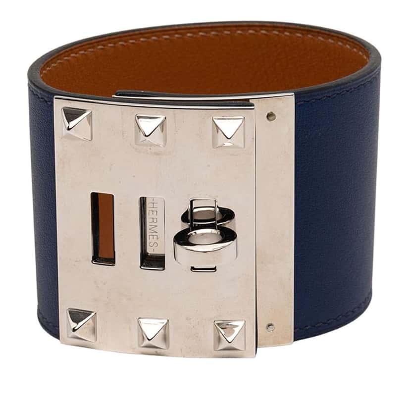 Hermès Swift and Palladium Plated Kelly Extreme Dog Bracelet Blue Leather Good condition - Front View