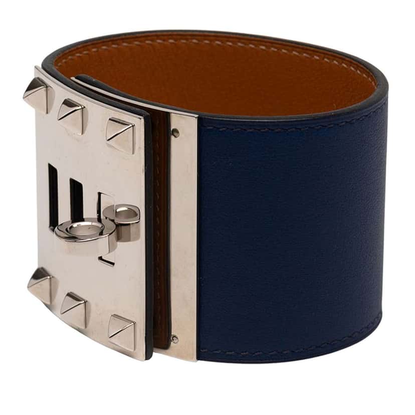 Hermès Swift and Palladium Plated Kelly Extreme Dog Bracelet Blue Leather Good condition - Back View